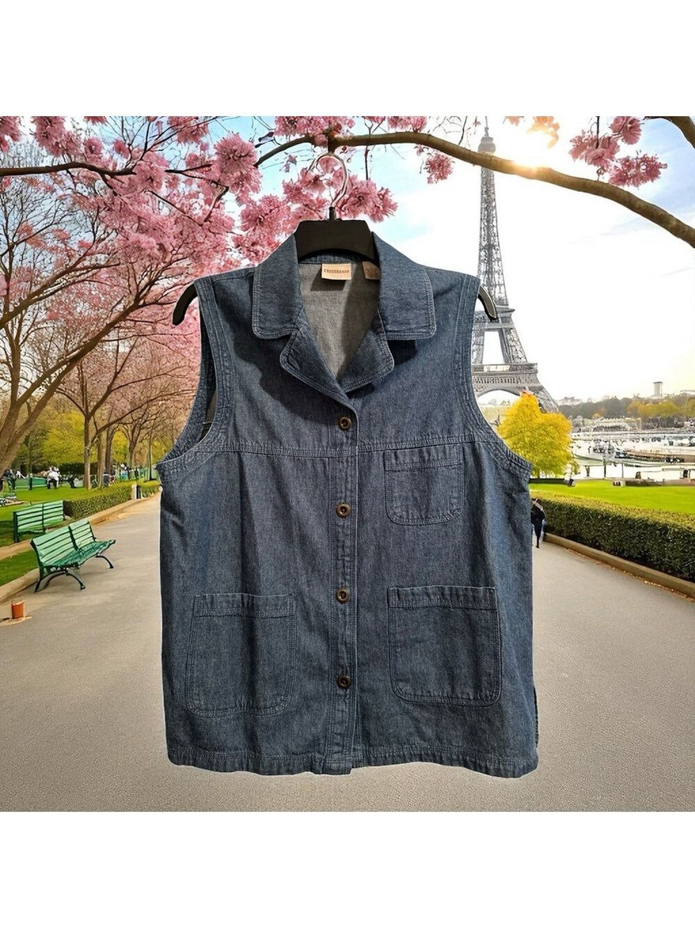 Crossroads Denim Shirt Button Up Sleeveless Blouse Womens Large Blue 90s